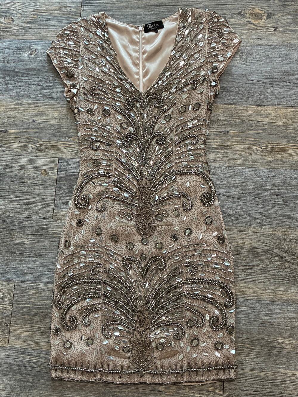 Parker Black SZ 0 Nude Blush Silk Beaded Mini Cocktail Holiday Dress